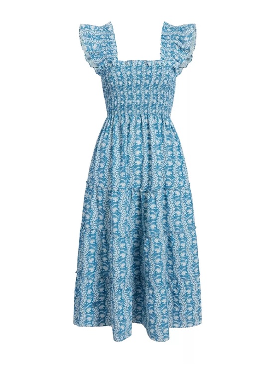 Hill House Dresses & Skirts - Hill House Blue Printed Smocked Midi Dress with Ruffle Straps